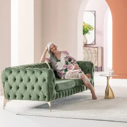 Sofy*KARE Design Sofa 2-osobowa Welurowa Pikowana Zielona Nogi Złote 200 Cm