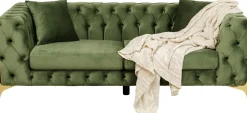 Sofy*KARE Design Sofa 2-osobowa Welurowa Pikowana Zielona Nogi Złote 200 Cm