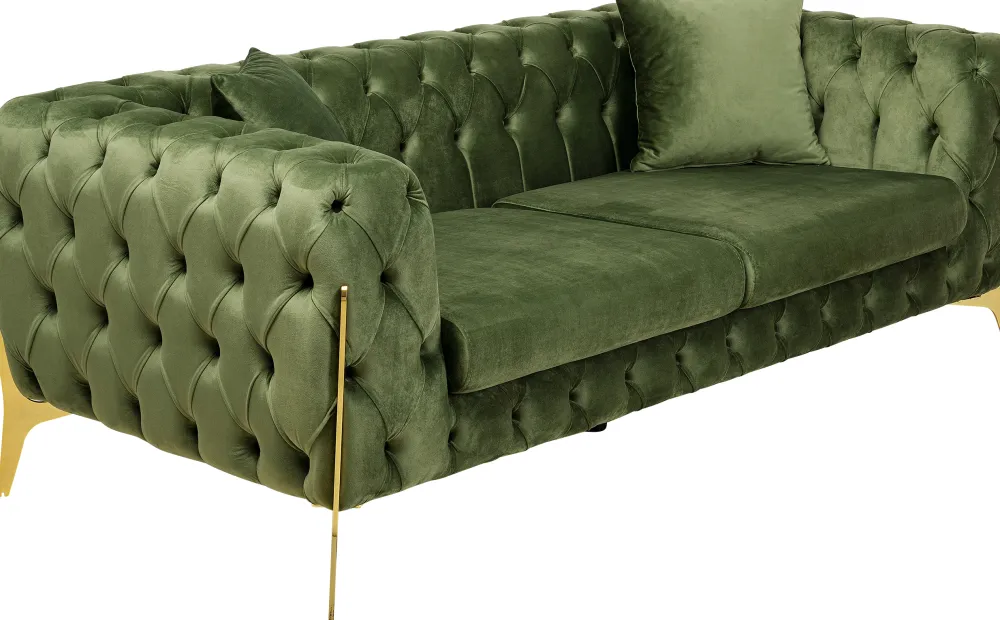 Sofy*KARE Design Sofa 2-osobowa Welurowa Pikowana Zielona Nogi Złote 200 Cm