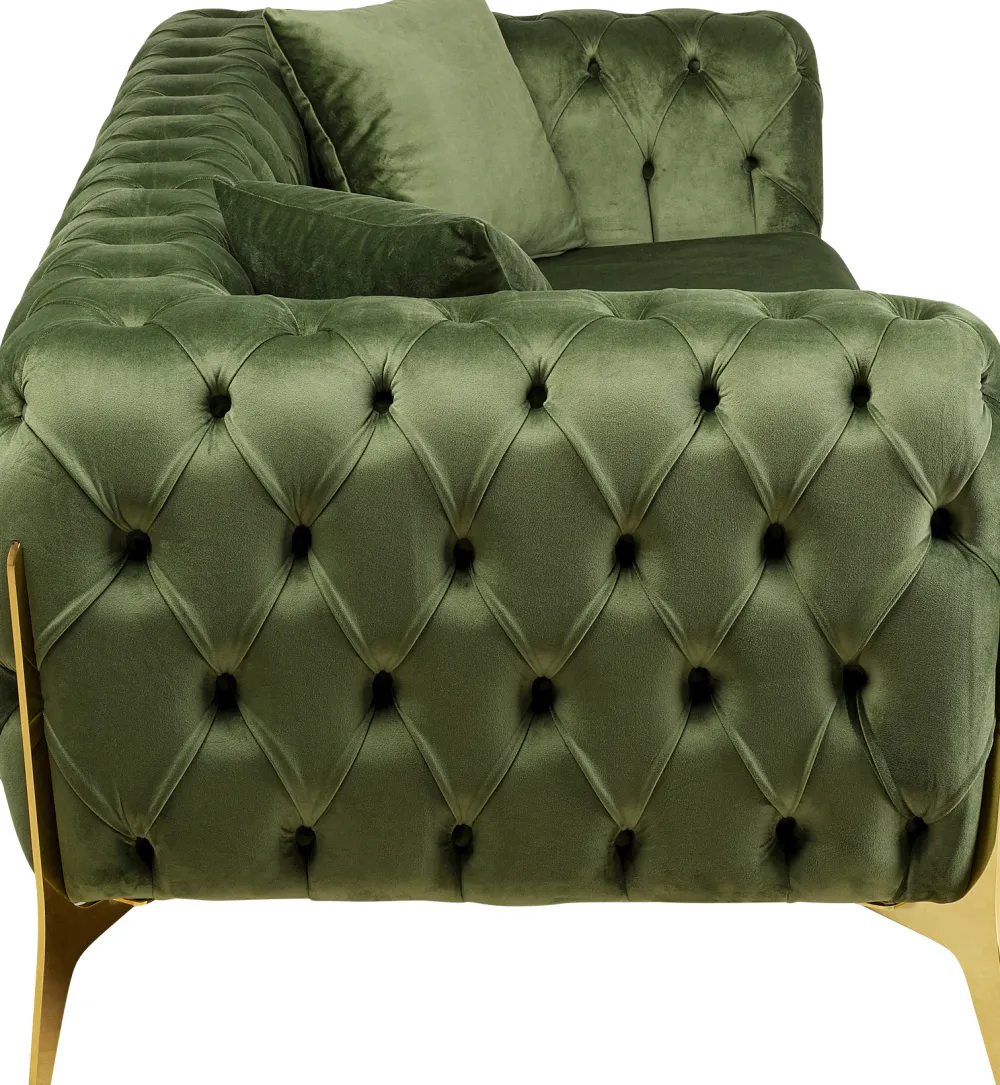 Sofy*KARE Design Sofa 2-osobowa Welurowa Pikowana Zielona Nogi Złote 200 Cm