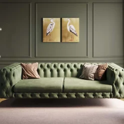 Sofy*KARE Design Sofa 3-osobowa Welurowa Pikowana Zielona Glamour 240 Cm Nogi Złote
