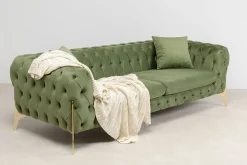 Sofy*KARE Design Sofa 3-osobowa Welurowa Pikowana Zielona Glamour 240 Cm Nogi Złote