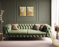 Sofy*KARE Design Sofa 3-osobowa Welurowa Pikowana Zielona Glamour 240 Cm Nogi Złote