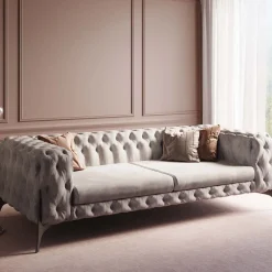 Sofy*KARE Design Sofa 3-osobowa Welurowa Pikowana Beżowa Glamour 240 Cm Nogi Czarne
