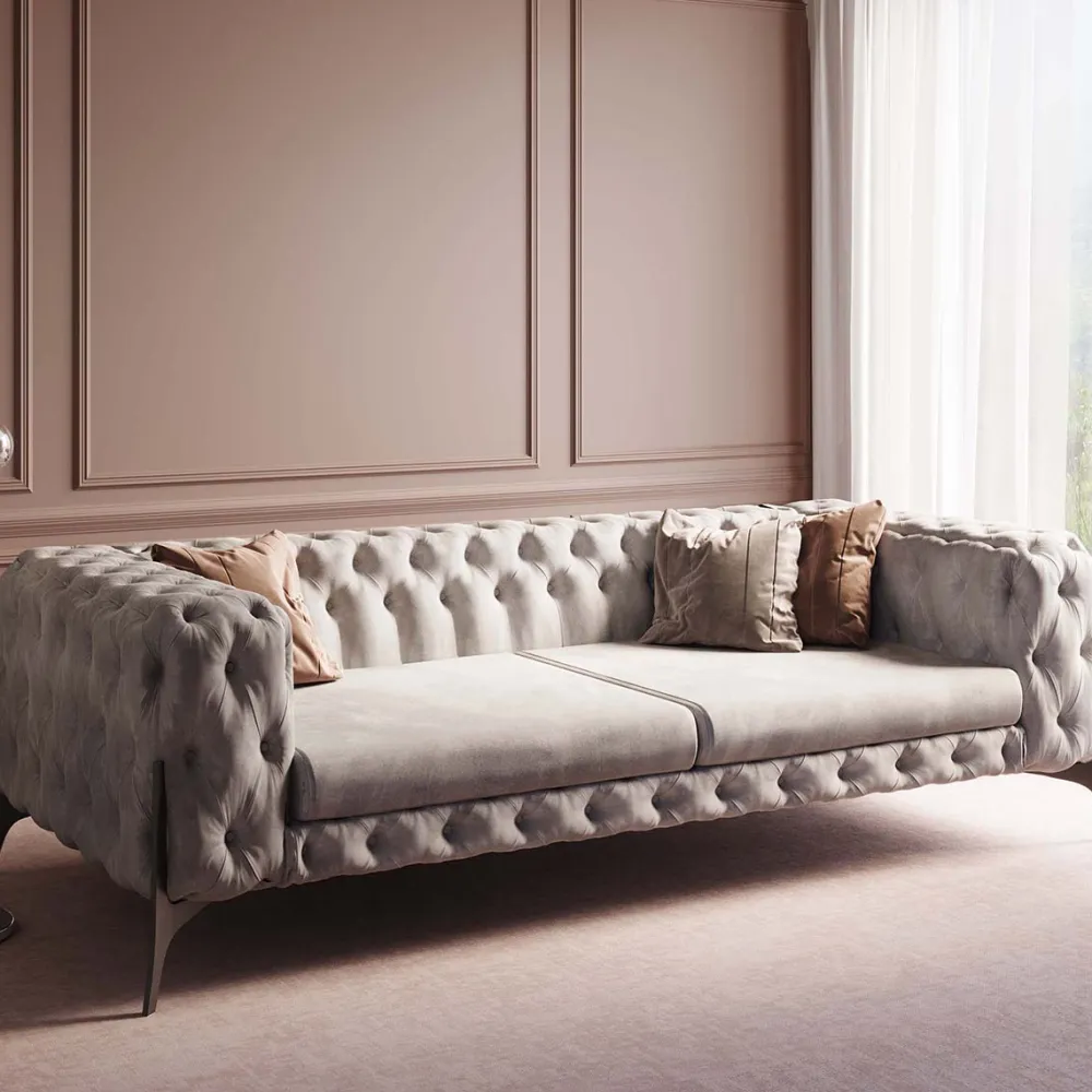 Sofy*KARE Design Sofa 3-osobowa Welurowa Pikowana Beżowa Glamour 240 Cm Nogi Czarne