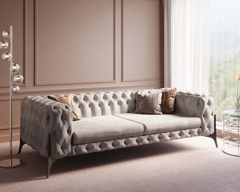 Sofy*KARE Design Sofa 3-osobowa Welurowa Pikowana Beżowa Glamour 240 Cm Nogi Czarne