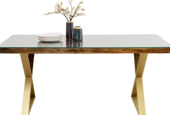 Stoły*KARE Design Stół Blat Drewno Z Recyklingu I Szkło Hartowane Nogi Złote 180x90 Cm