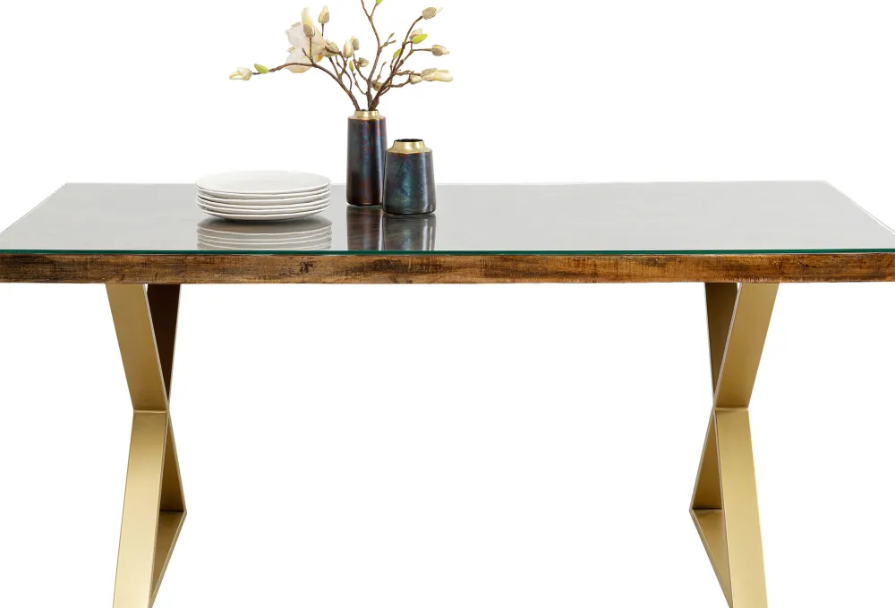 Stoły*KARE Design Stół Blat Drewno Z Recyklingu I Szkło Hartowane Nogi Złote 180x90 Cm