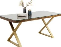 Stoły*KARE Design Stół Blat Drewno Z Recyklingu I Szkło Hartowane Nogi Złote 180x90 Cm