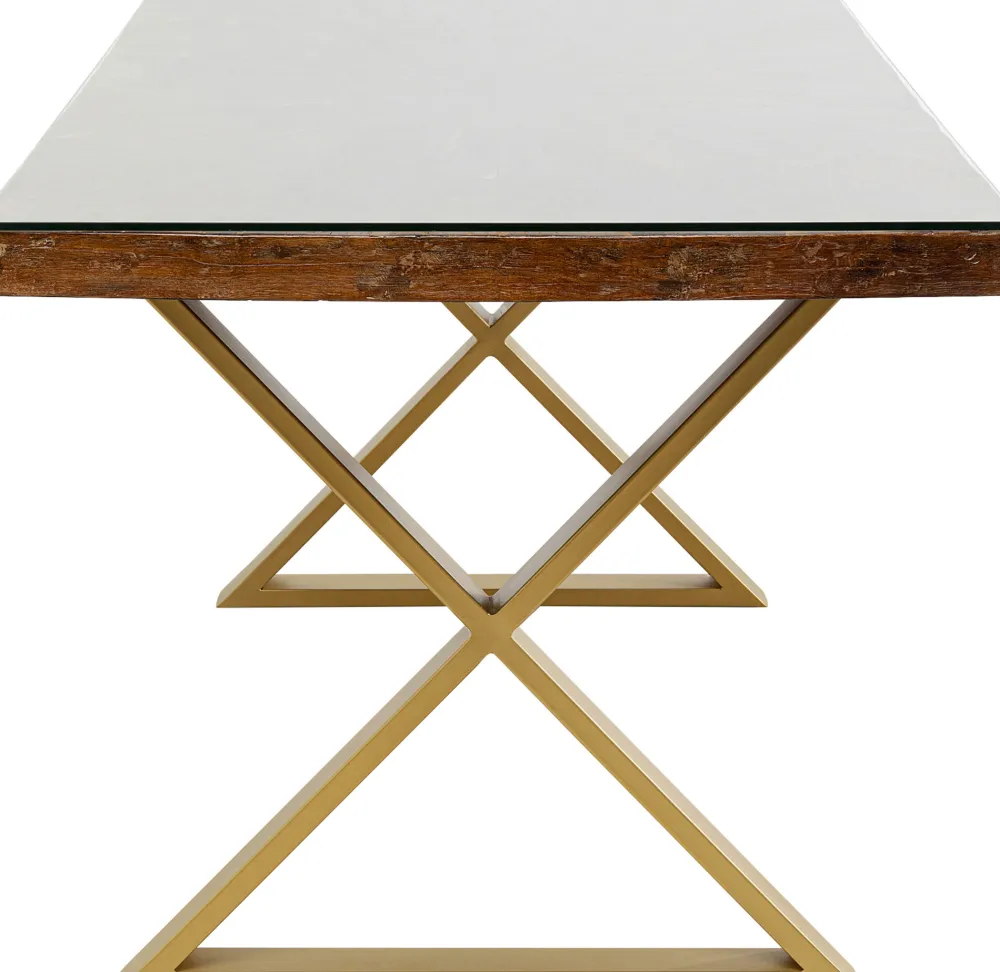 Stoły*KARE Design Stół Blat Drewno Z Recyklingu I Szkło Hartowane Nogi Złote 180x90 Cm