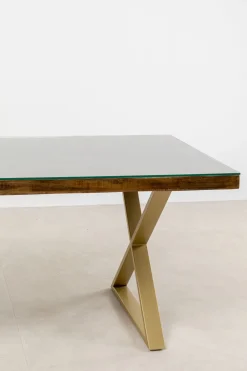 Stoły*KARE Design Stół Blat Drewno Z Recyklingu I Szkło Hartowane Nogi Złote 180x90 Cm