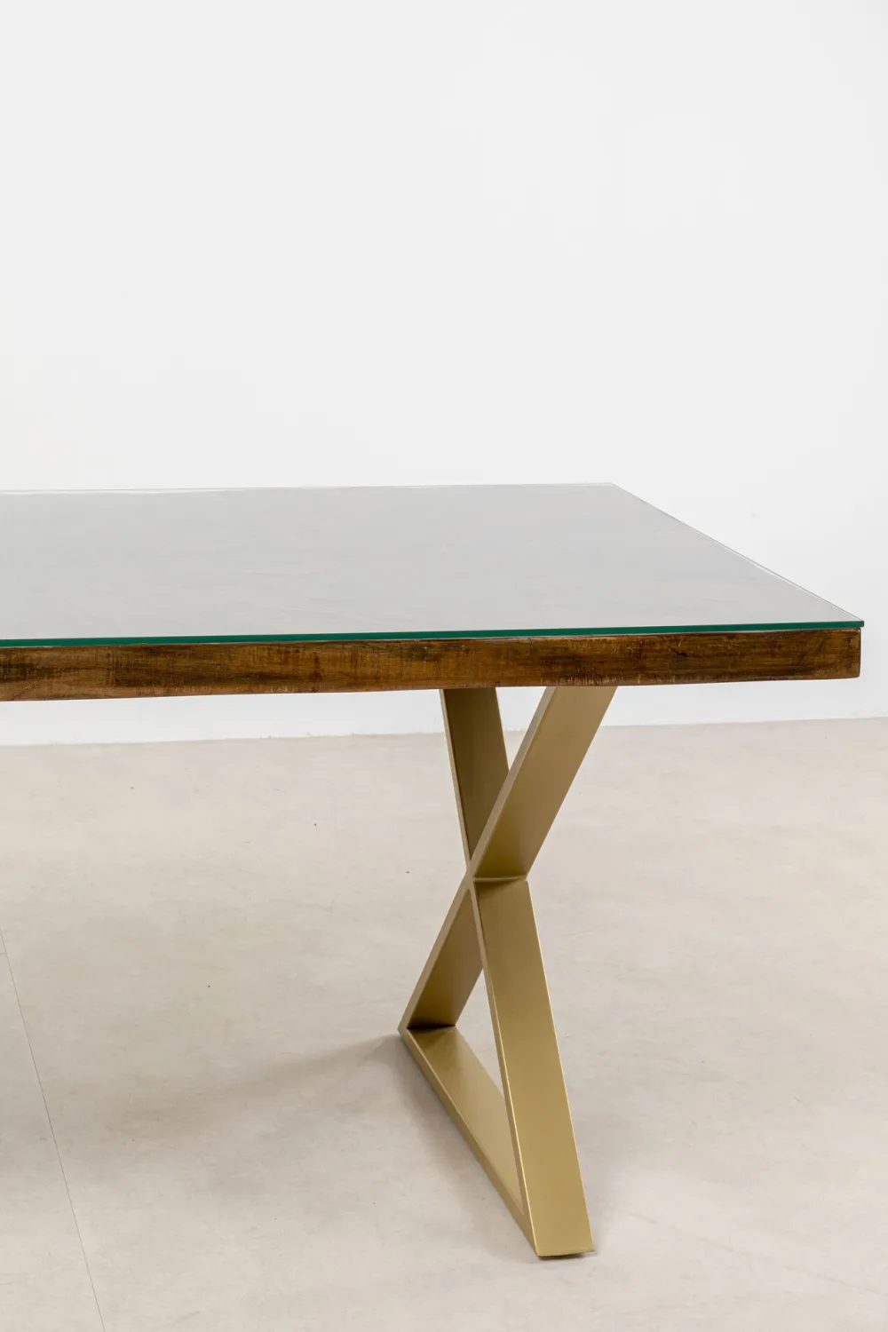 Stoły*KARE Design Stół Blat Drewno Z Recyklingu I Szkło Hartowane Nogi Złote 180x90 Cm