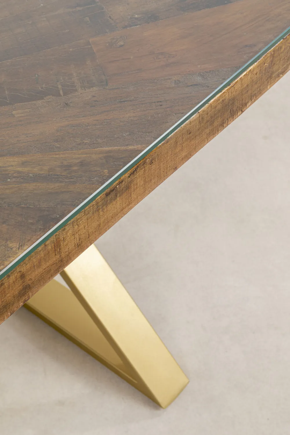 Stoły*KARE Design Stół Blat Drewno Z Recyklingu I Szkło Hartowane Nogi Złote 180x90 Cm