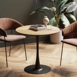 Stoły*KARE Design Stół Do Jadalni Blat MDF Kolor Dębowy Noga Stalowa Czarna Ø80 Cm