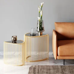 Stoliki Kawowe*KARE Design Stoliki Pomocnicze Złote Blaty Trójkątne Szklane 2-set