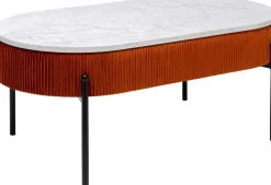 Stoliki Kawowe*KARE Design Stolik Kawowy Tkanina Brązowa Blat MDF Imitacja Marmuru 114x60 Cm Nogi Czarne