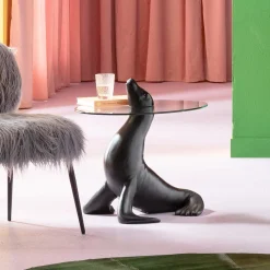 Stoliki Kawowe*KARE Design Stolik Pomocniczy Blat Szkło Hartowane Podstawa Czarna Lew Morski Ø50 Cm