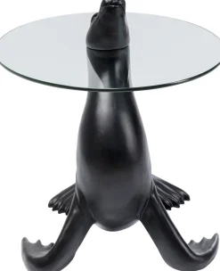 Stoliki Kawowe*KARE Design Stolik Pomocniczy Blat Szkło Hartowane Podstawa Czarna Lew Morski Ø50 Cm