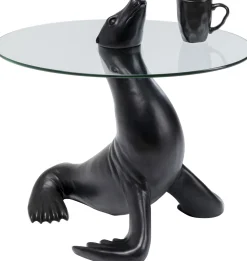 Stoliki Kawowe*KARE Design Stolik Pomocniczy Blat Szkło Hartowane Podstawa Czarna Lew Morski Ø50 Cm