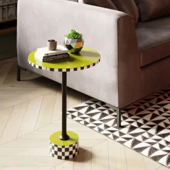 Stoliki Kawowe*KARE Design Stolik Pomocniczy Oliwkowy MDF I Stal Ø25x50 Cm Szachownica