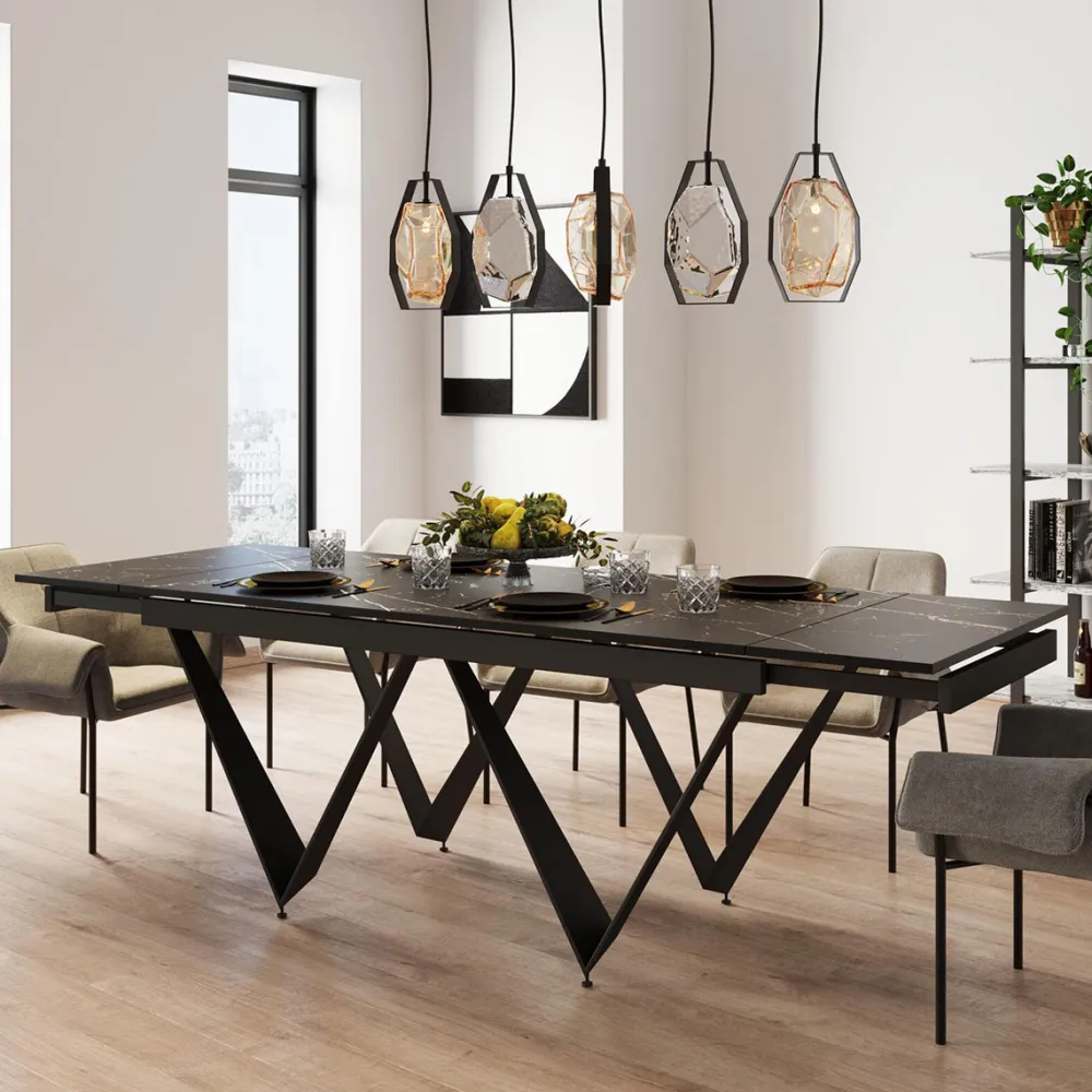 Stoły*KARE Design Stół Rozkładany Czarny Blat Ceramika Nogi Stalowe 180-260x90 Cm