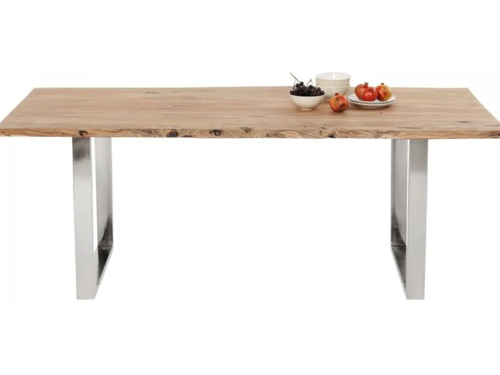 Stoły*KARE Design Stół Z Naturalnym Drewnianym Blatem Z Drewna Akacji I Srebrnymi Metalowymi Nogami 160x80 Cm