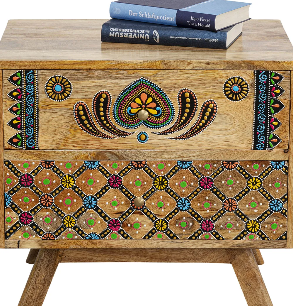 Szafki Nocne*KARE Design Szafka Nocna Z 2 Szufladami Drewno Mango Kolorowe Ornamenty 50x46 Cm