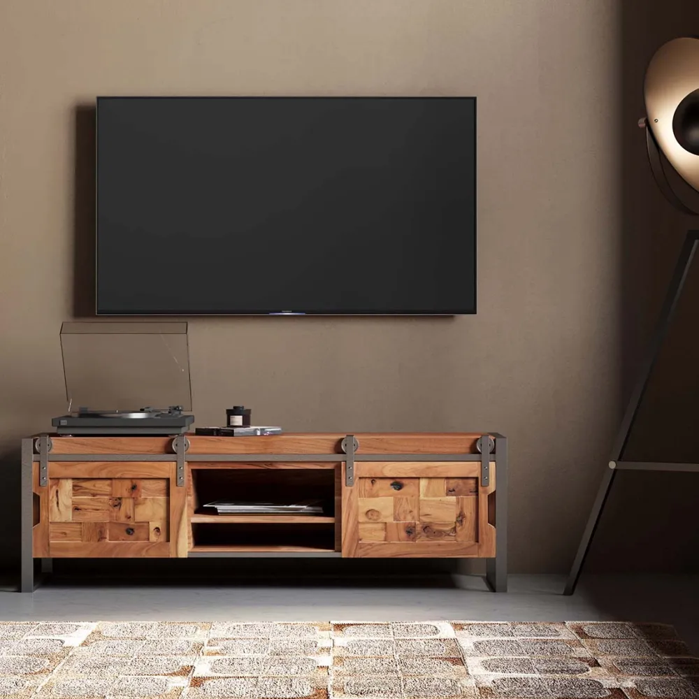 Szafki Rtv*KARE Design Szafka RTV Drzwi Przesuwne Drewno Akacjowe Nogi Stalowe 145x45 Cm