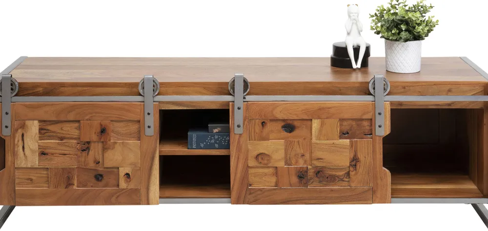 Szafki Rtv*KARE Design Szafka RTV Drzwi Przesuwne Drewno Akacjowe Nogi Stalowe 145x45 Cm