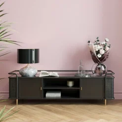 Szafki Rtv*KARE Design Szafka RTV Stalowa Czarna Blat Szklany 160x48 Cm