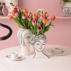 Wazony*KARE Design Wazon Ceramiczny Biały Motyw Kobiety Ø19x30 Cm