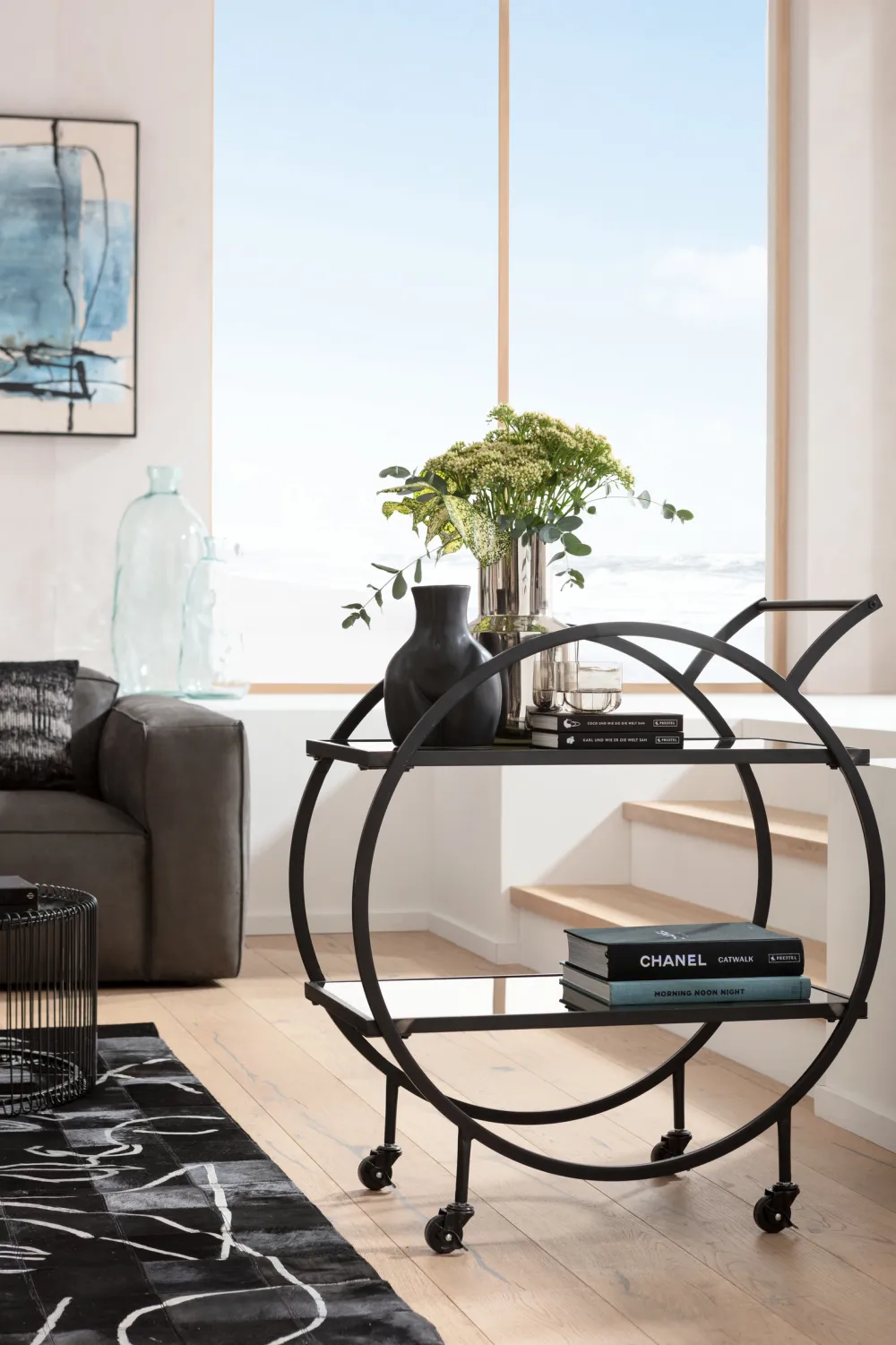 Barki*KARE Design Wózek Barowy Loft 74x85 Cm Czarny Półki Szklane