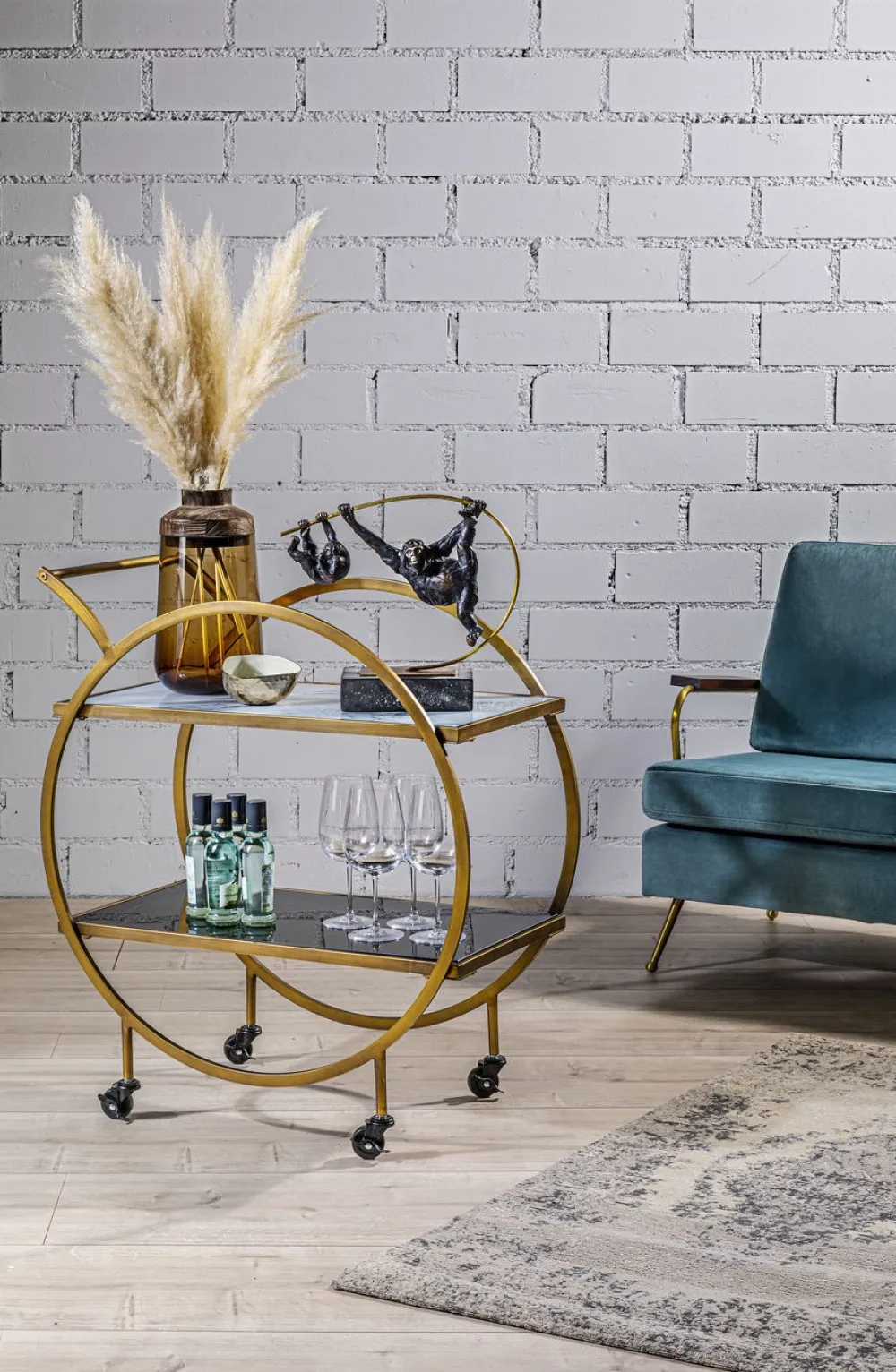 Barki*KARE Design Wózek Barowy Loft 74x85 Cm Mosiężny Półki Szklane