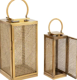 Lampiony I Latarenki*KARE Design Zestaw 2 Dużych Latarenek Złotych Ze Stali Nierdzewnej I Trawy Morskiej