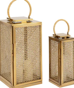 Lampiony I Latarenki*KARE Design Zestaw 2 Dużych Latarenek Złotych Ze Stali Nierdzewnej I Trawy Morskiej