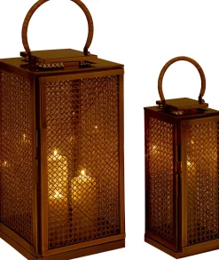 Lampiony I Latarenki*KARE Design Zestaw 2 Dużych Latarenek Złotych Ze Stali Nierdzewnej I Trawy Morskiej
