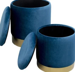 Pufy*KARE Design Zestaw Dwóch Puf Tapicerowanych Ze Schowkiem Niebieskie Podstawy Złote