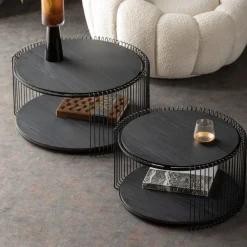 Stoliki Kawowe*KARE Design Zestaw Dwóch Stolików Blaty MDF Rama Stalowa - Kolor Czarny