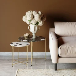 Stoliki Kawowe*KARE Design Zestaw Dwóch Stolików Do Salonu Czarno-białe Nogi Złote