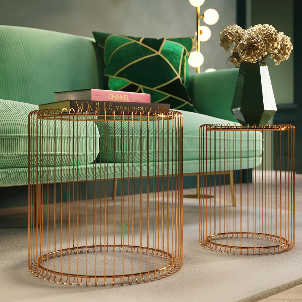 Stoliki Kawowe*KARE Design Zestaw Dwóch Stolików Wire Copper Miedziane - Blaty Lustrzane
