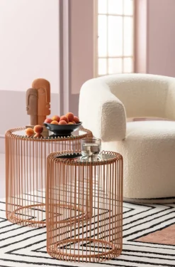 Stoliki Kawowe*KARE Design Zestaw Dwóch Stolików Wire Copper Miedziane - Blaty Lustrzane