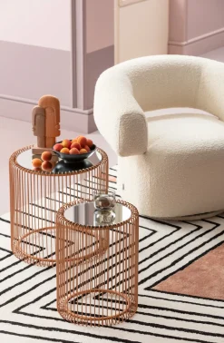 Stoliki Kawowe*KARE Design Zestaw Dwóch Stolików Wire Copper Miedziane - Blaty Lustrzane