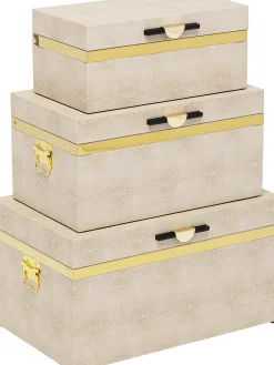 Organizery*KARE Design Zestaw 3 Pudełek - Kuferków Beżowych Ze Złotymi Detalami