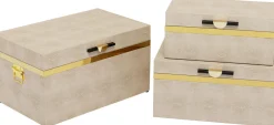 Organizery*KARE Design Zestaw 3 Pudełek - Kuferków Beżowych Ze Złotymi Detalami